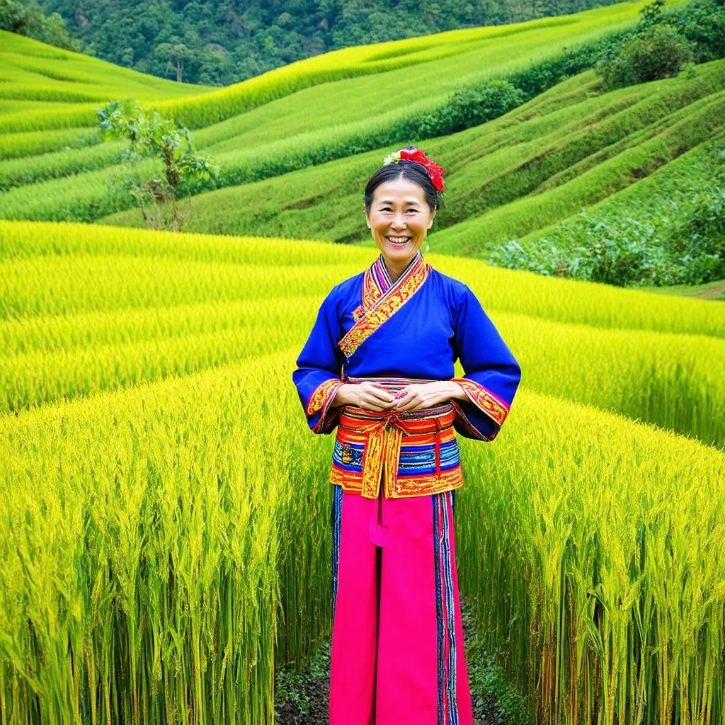 Woman in Traditional Hmong attire standing amidst Rice Terraces